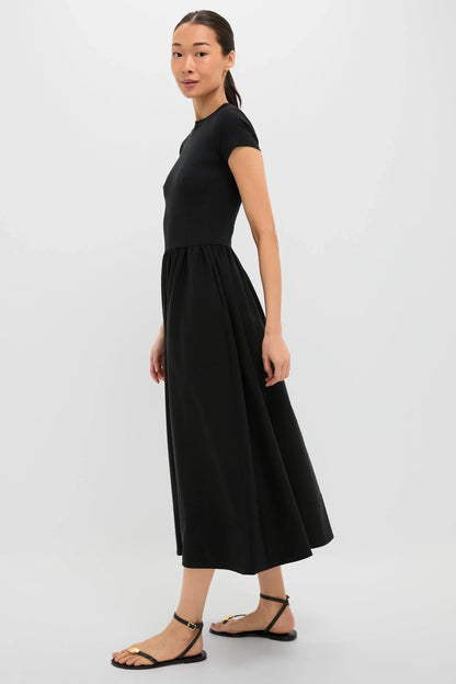 Black Rib Knit Crew Neck Short Sleeve A-Line Dress