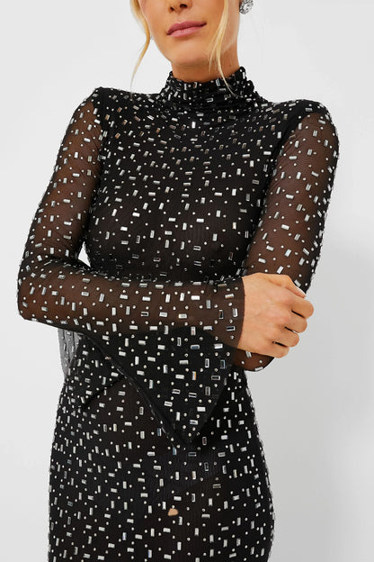 Black Square Rhinestone Mesh Midi Dress