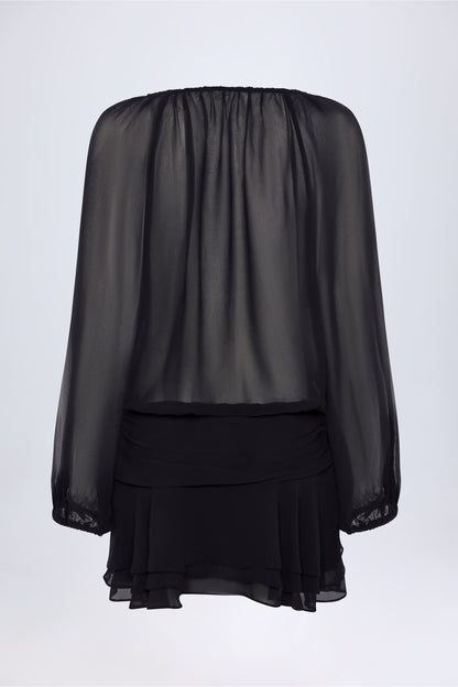 Lace-Up Balloon-Sleeve Mini Dress in Black
