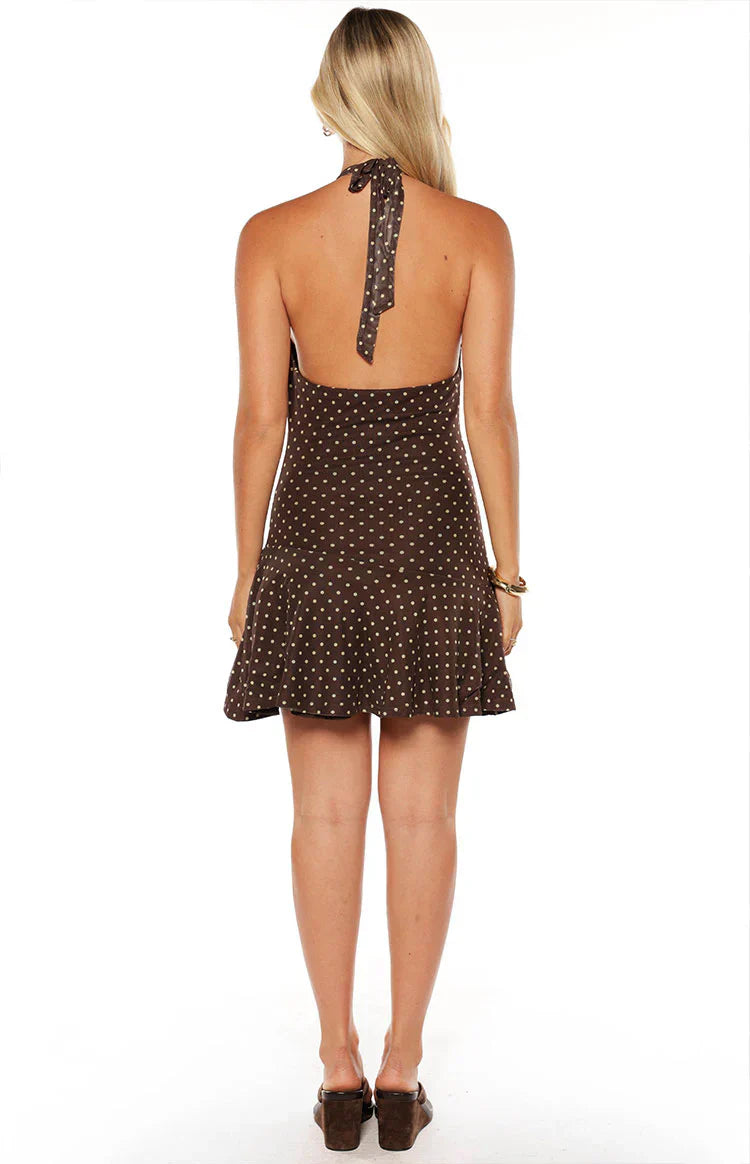 Billy Brown Polka Dot Cowl Mesh Mini Dress