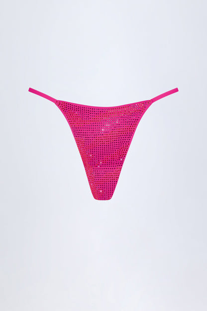 Embellished Thong Bikini Bottoms in Pink Tropical Print