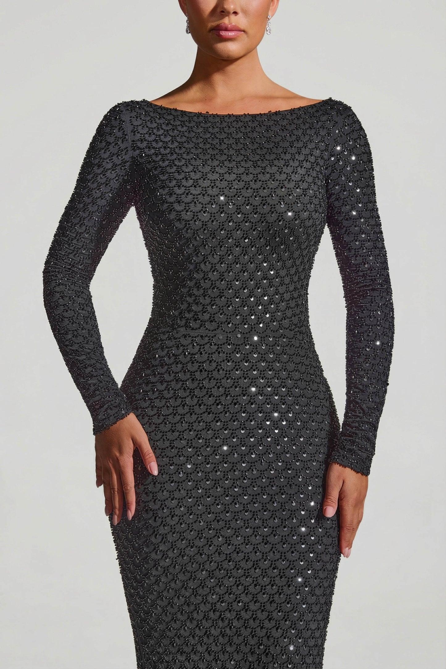 Embellished Open-Back Gown in Black