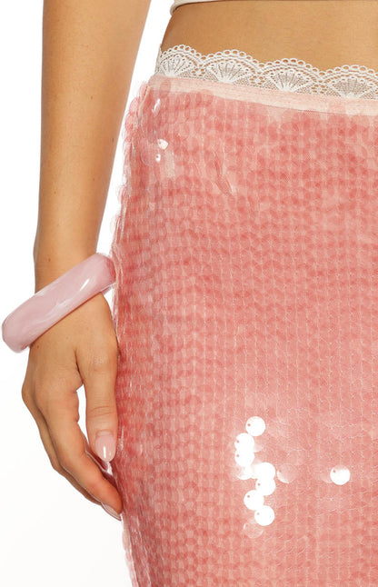 Petra Pink Sequin Lace Trim Midi Skirt