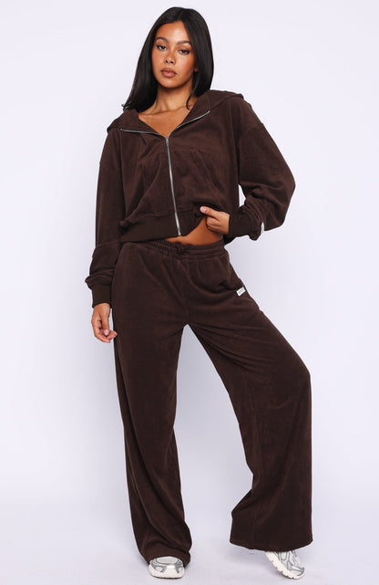 Causing Commotion Terry Wide Leg Sweatpants Chocolate